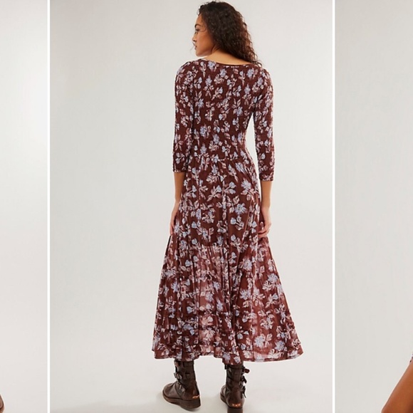 Free People Starlit Nights MIDI Dress Smocked Sheer Slip Floral Medium Med M FP - Picture 6 of 8